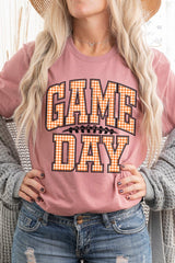 US3001-E3129 Orange Gingham Game Day Graphic Tee $12.5