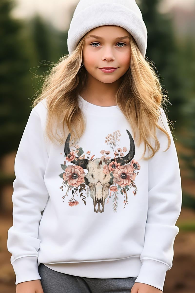 UL180B-E3113Z Western Skull Floral Kids Graphic Sweatshirt $20