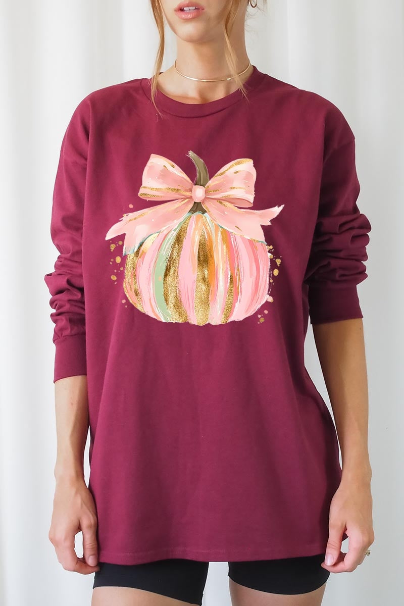 UL240-E3083 Brushstroke Pumpkin Graphic Long Sleeve Tee $13.75