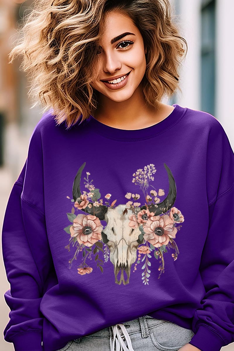 UL180P-E3113 Western Skull Floral Graphic Plus Sweatshirt $25