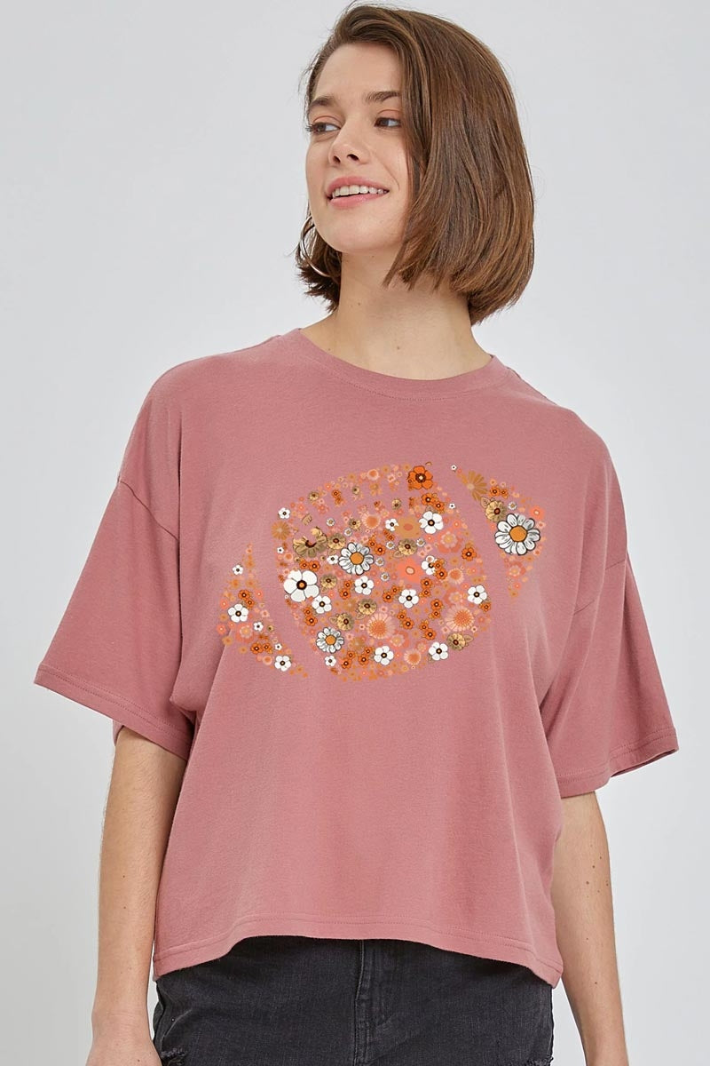 CTS-E3133 Floral Football Graphic Relaxed Crop Top $11