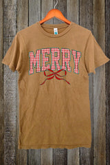 LS002-E3206 Plaid Merry Christmas Bow Graphic Vintage Tee $15.5