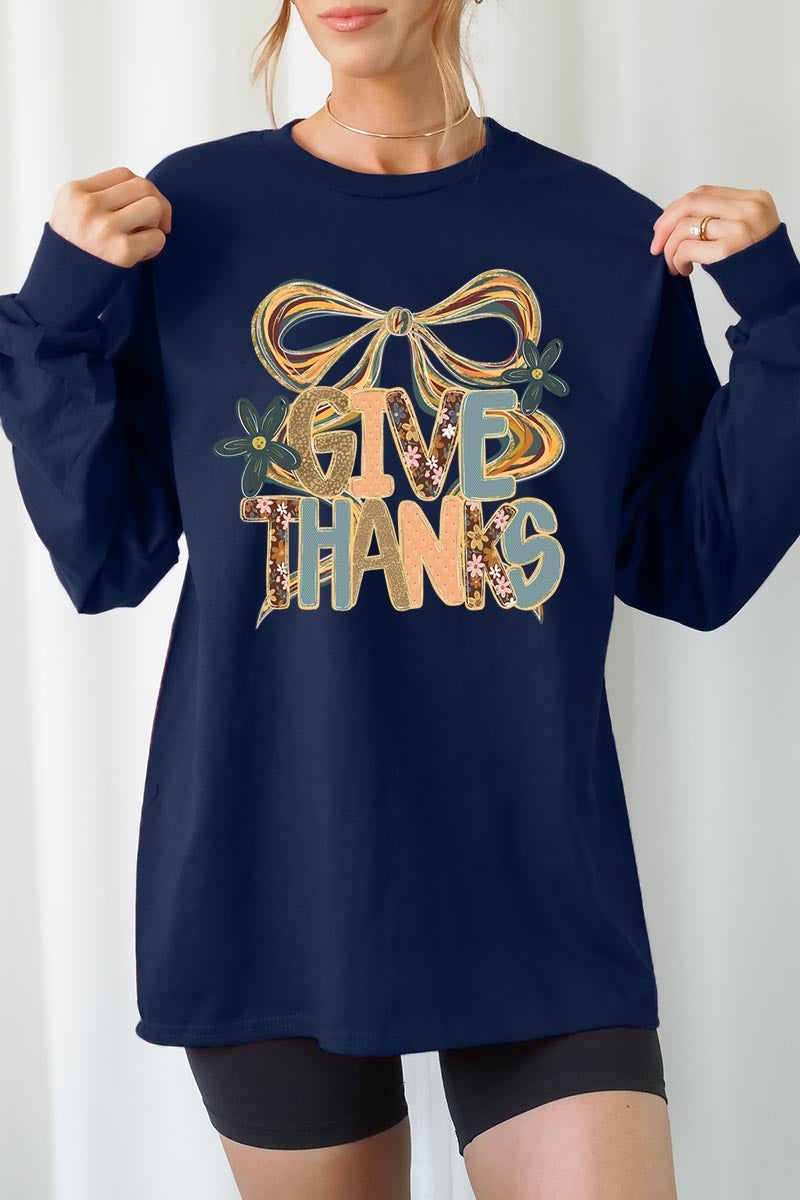 UL240-E3154 Give Thanks Bow Graphic Long Sleeve Tee $13.75