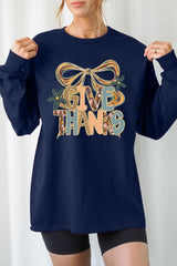 UL240-E3154 Give Thanks Bow Graphic Long Sleeve Tee $13.75