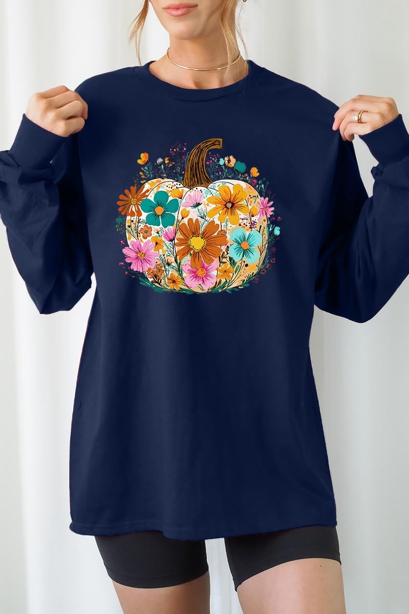 UL240P-E3118 Floral Pumpkin Graphic Plus Long Sleeve Tee $17