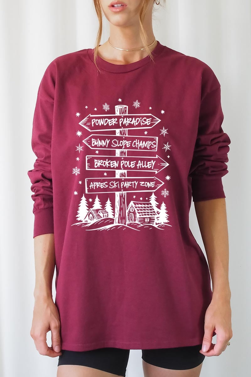 UL240P-E3189 Ski Lodge Signs Graphic Plus Long Sleeve Tee $17