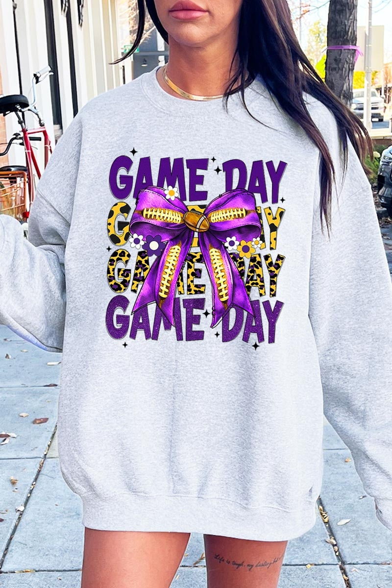 UL180P-E3092 Purple Yellow Football GameDay Bow Plus Sweatshirt $25