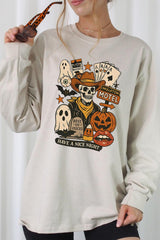 UL240-E3107 Spooky Western Skeleton Graphic Long Sleeve Tee $13.75
