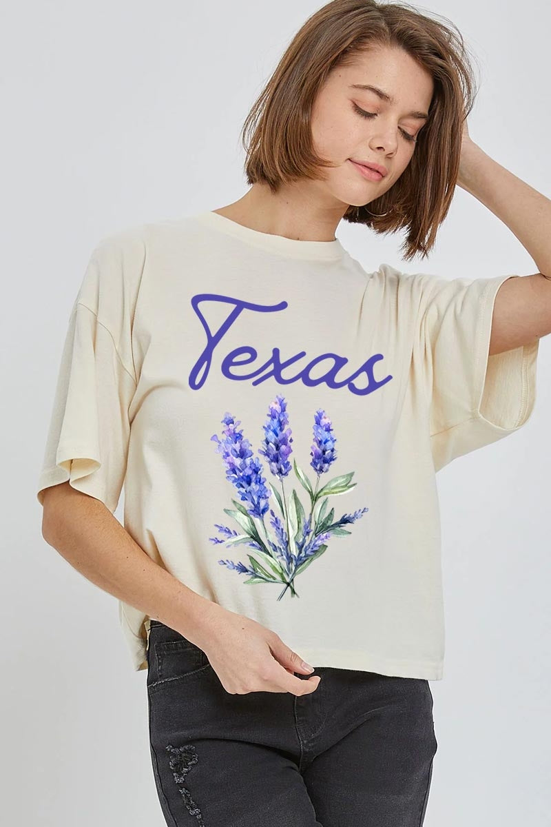 CTS-E3060 Texas Bluebonnet Graphic Relaxed Crop Top $10.5