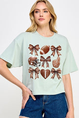 CTS-E3054 Cute Football and Bow Graphic Relaxed Crop Top $10.5