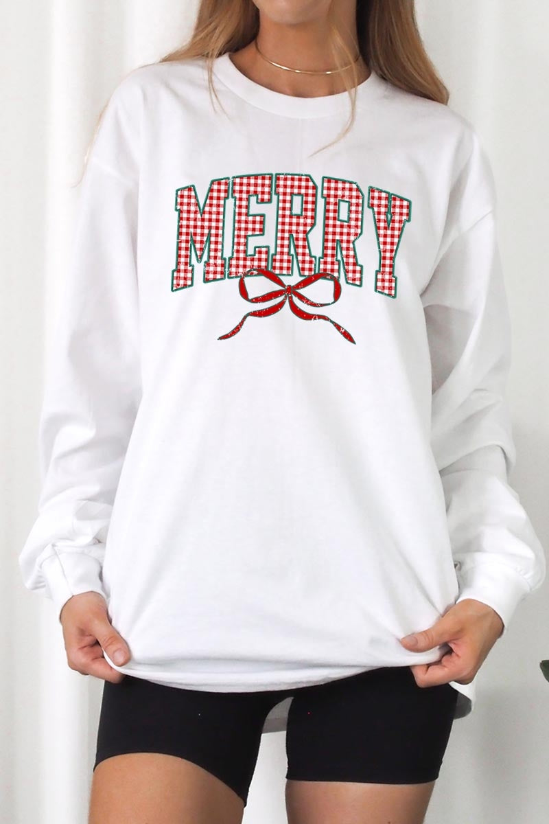 UL240-E3206 Plaid Merry Christmas Bow Graphic Long Sleeve Tee $13.75