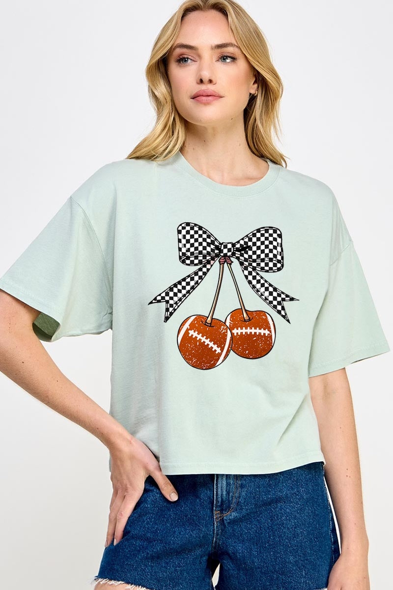 CTS-E3055 Football Cherries Graphic Relaxed Crop Top $10.5