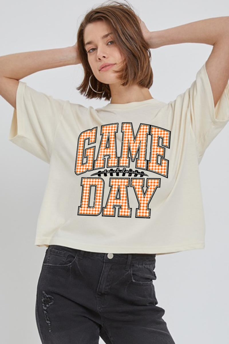 CTS-E3129 Orange Gingham Game Day Graphic Relaxed Crop Top $11