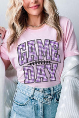 US3001-E3127 Purple Gingham Game Day Graphic Tee $12.5