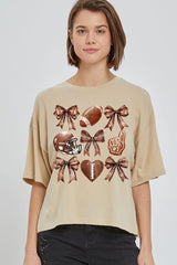 CTS-E3054 Cute Football and Bow Graphic Relaxed Crop Top $10.5