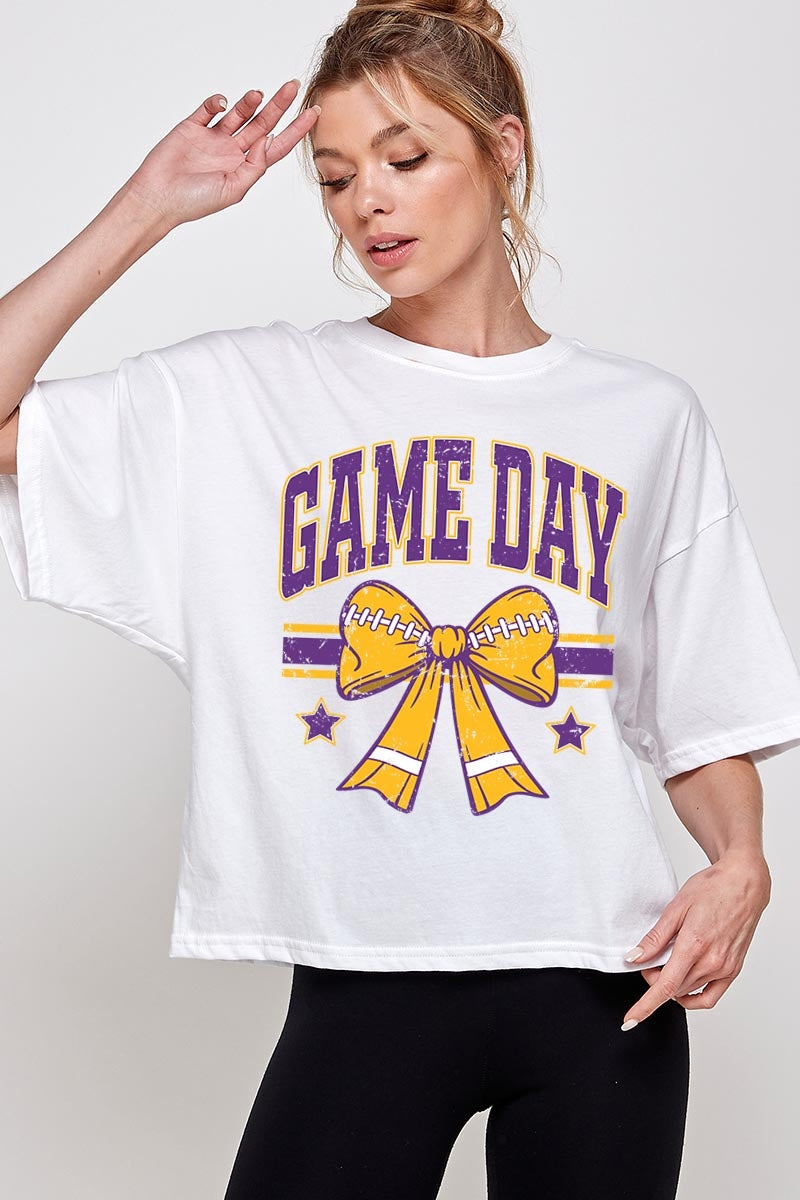 CTS-E3063 Purple Game Day Football Bow Graphic Crop Top $11