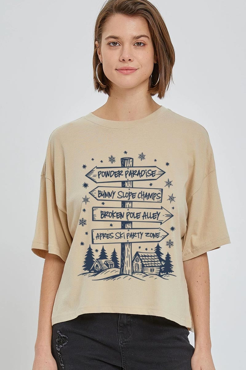 CTS-E3189 Ski Lodge Signs Graphic Relaxed Crop Top $11