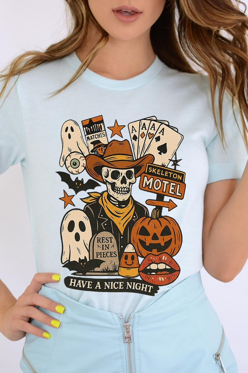 US3001-E3107 Spooky Western Skeleton Graphic Tee $12.5