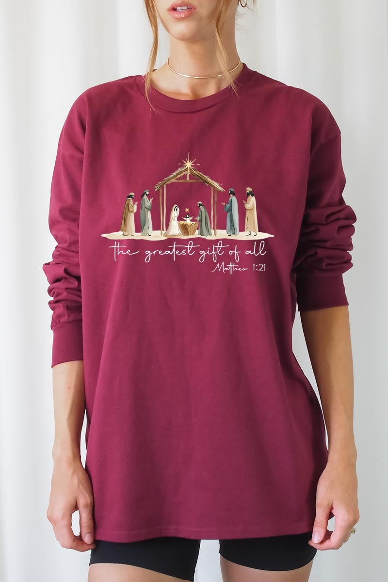 UL240-E3183 Nativity Gift Graphic Long Sleeve Tee $13.75