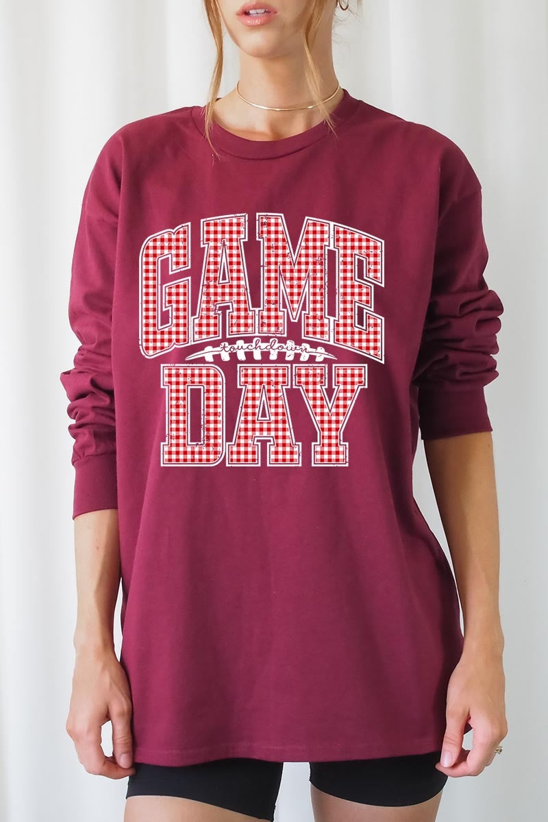 UL240P-E3126 Red Gingham Game Day Graphic Plus Long Sleeve Tee $17