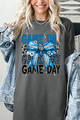5000-E3089 Blue Silver Football Game Day Bow Heavy Cotton Tee $9