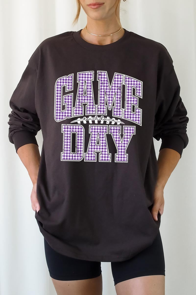 UL240-E3127 Purple Gingham Game Day Graphic Long Sleeve Tee $13.75