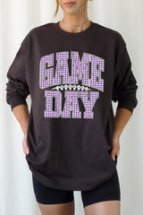 UL240-E3127 Purple Gingham Game Day Graphic Long Sleeve Tee $13.75