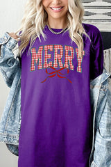 5000-E3206 Plaid Merry Christmas Bow Graphic Heavy Cotton Tee $9