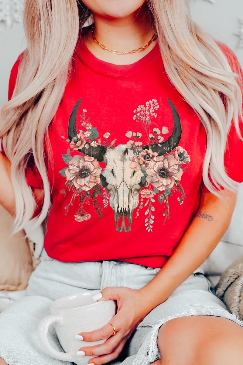 US3001P-E3113 Western Skull Floral Graphic Plus Tee $16