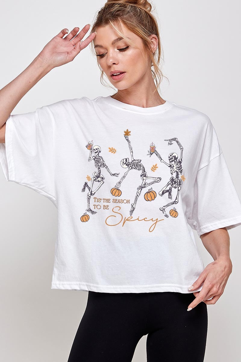 CTS-E3123 Halloween Skeleton Graphic Relaxed Crop Top $11