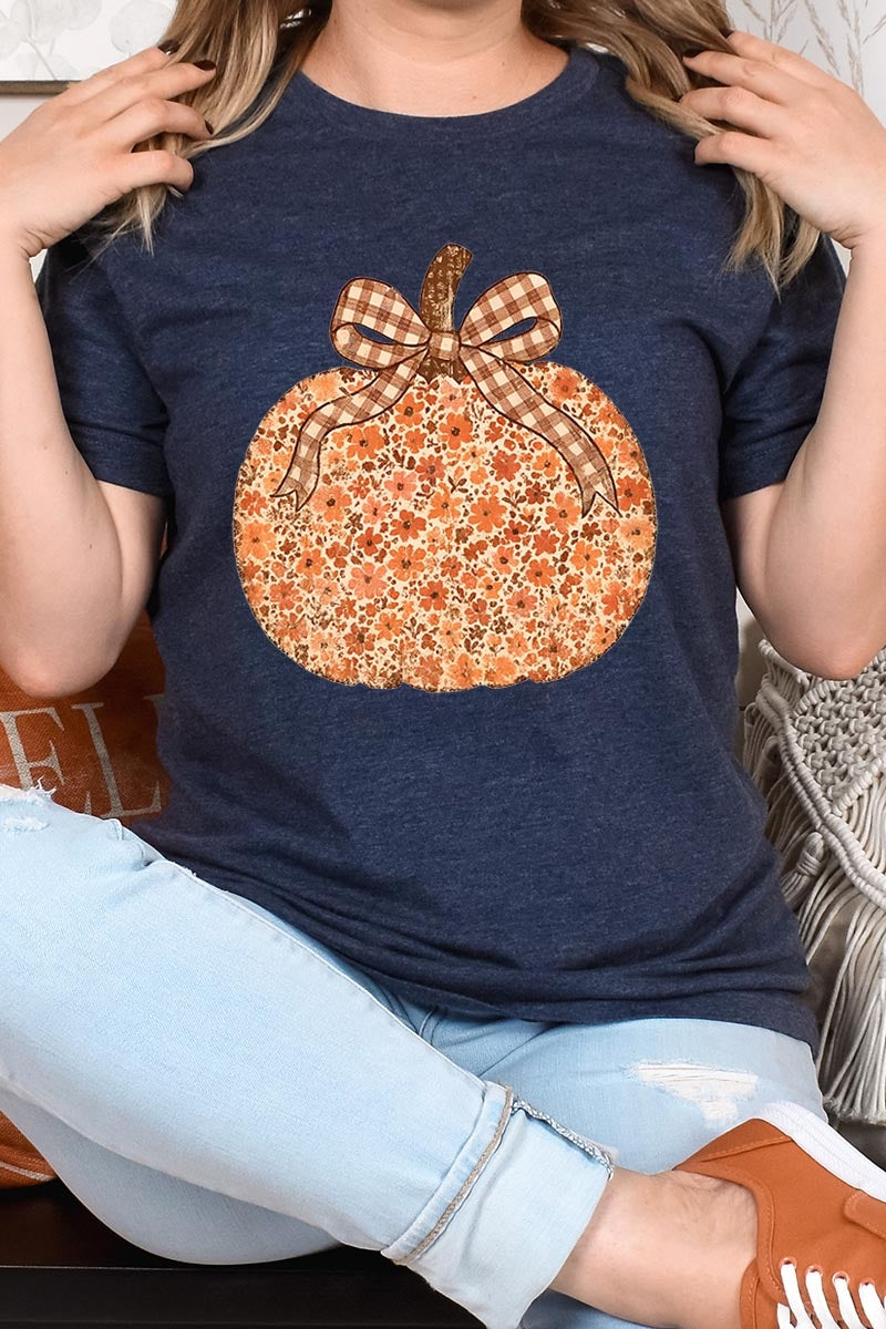 US3001-E3135 Floral Fall Pumpkin Graphic Tee $12.5