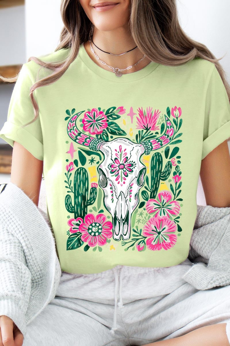 US3001-E3086 Western Floral Cow Skull Graphic Tee $12.5