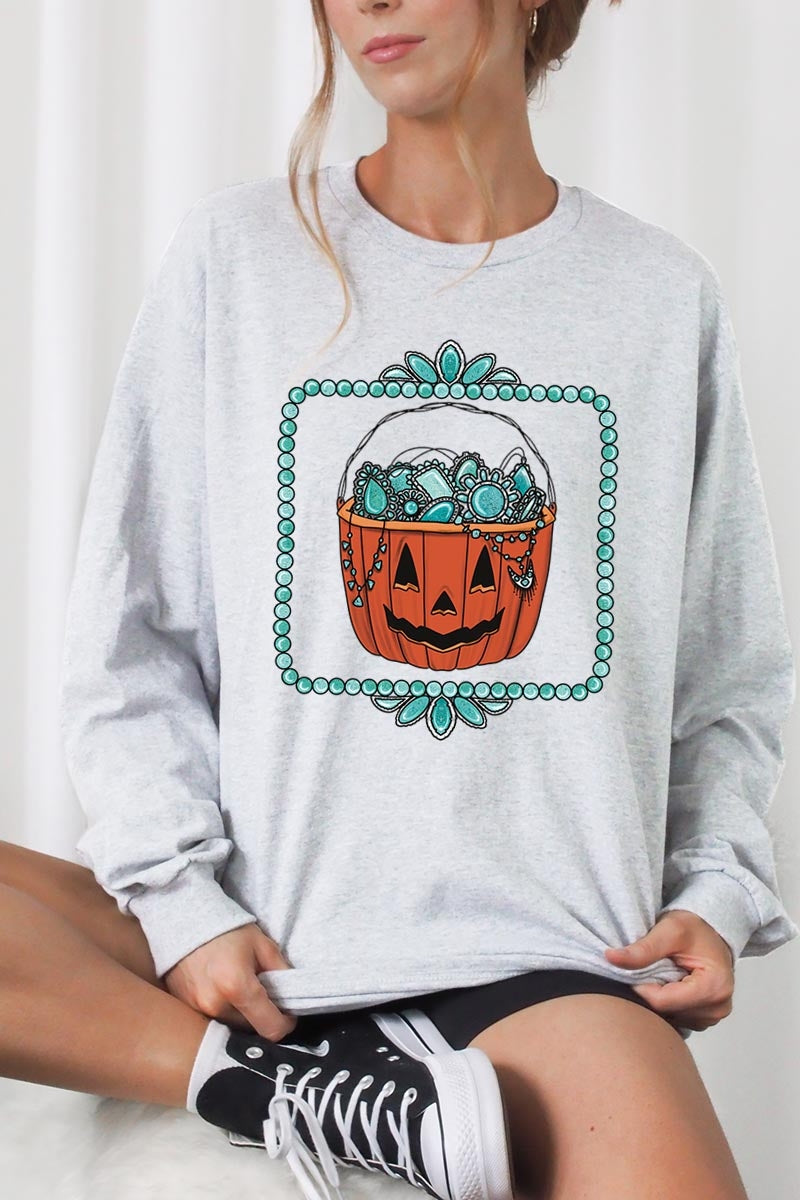 UL240P-E3140 Halloween turquoise pumpkin Plus Long Sleeve Tee $17