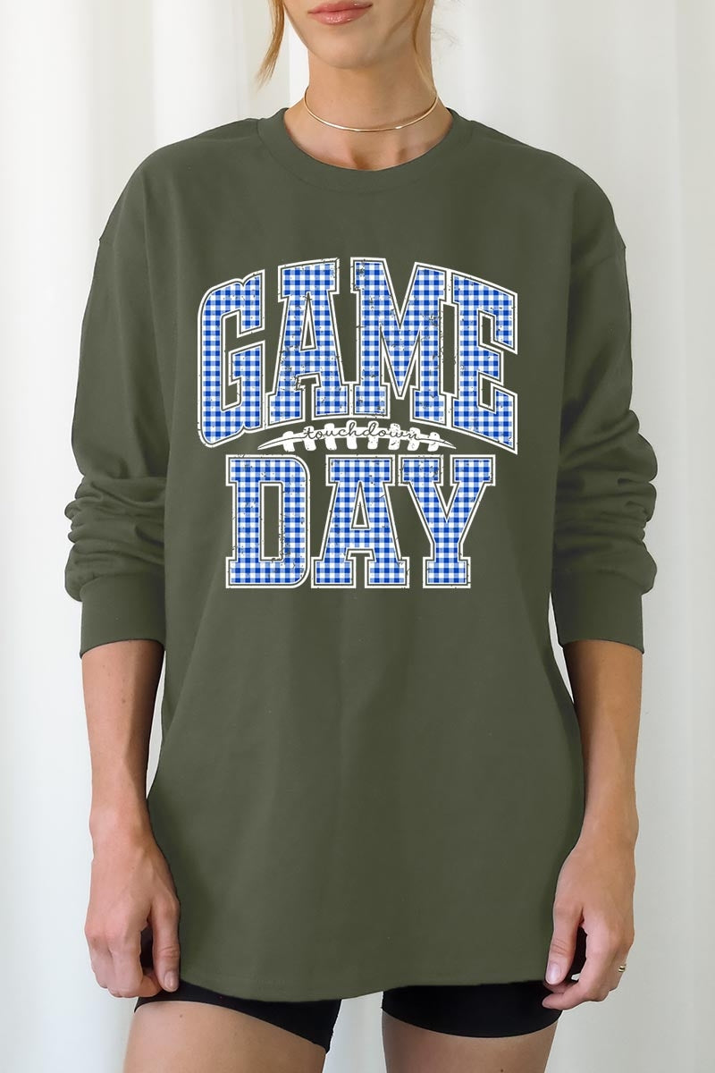 UL240P-E3130 Blue Gingham Game Day Graphic Plus Long Sleeve Tee $17