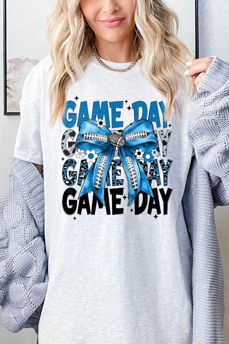 5000P-E3089 Blue Silver Football Bow Plus Heavy Cotton Tee $12.75