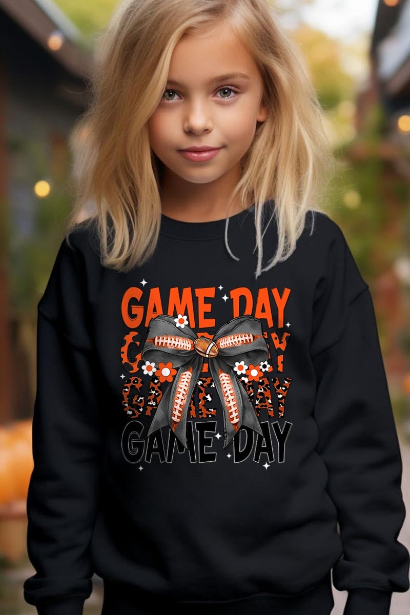 UL180B-E3088Z Orange Black Football Game Day Bow Kids Sweatshirt $20