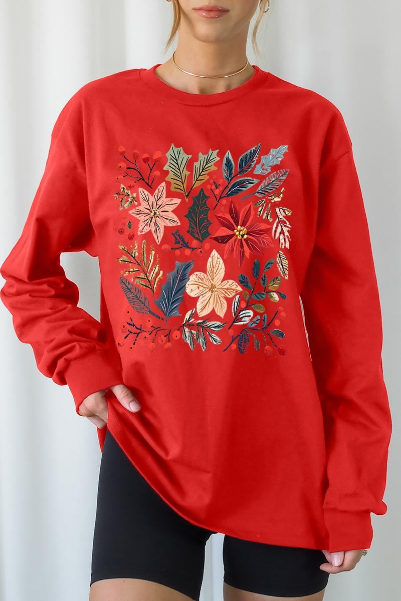 UL240-E3186 Floral Christmas Graphic Long Sleeve Tee $13.75
