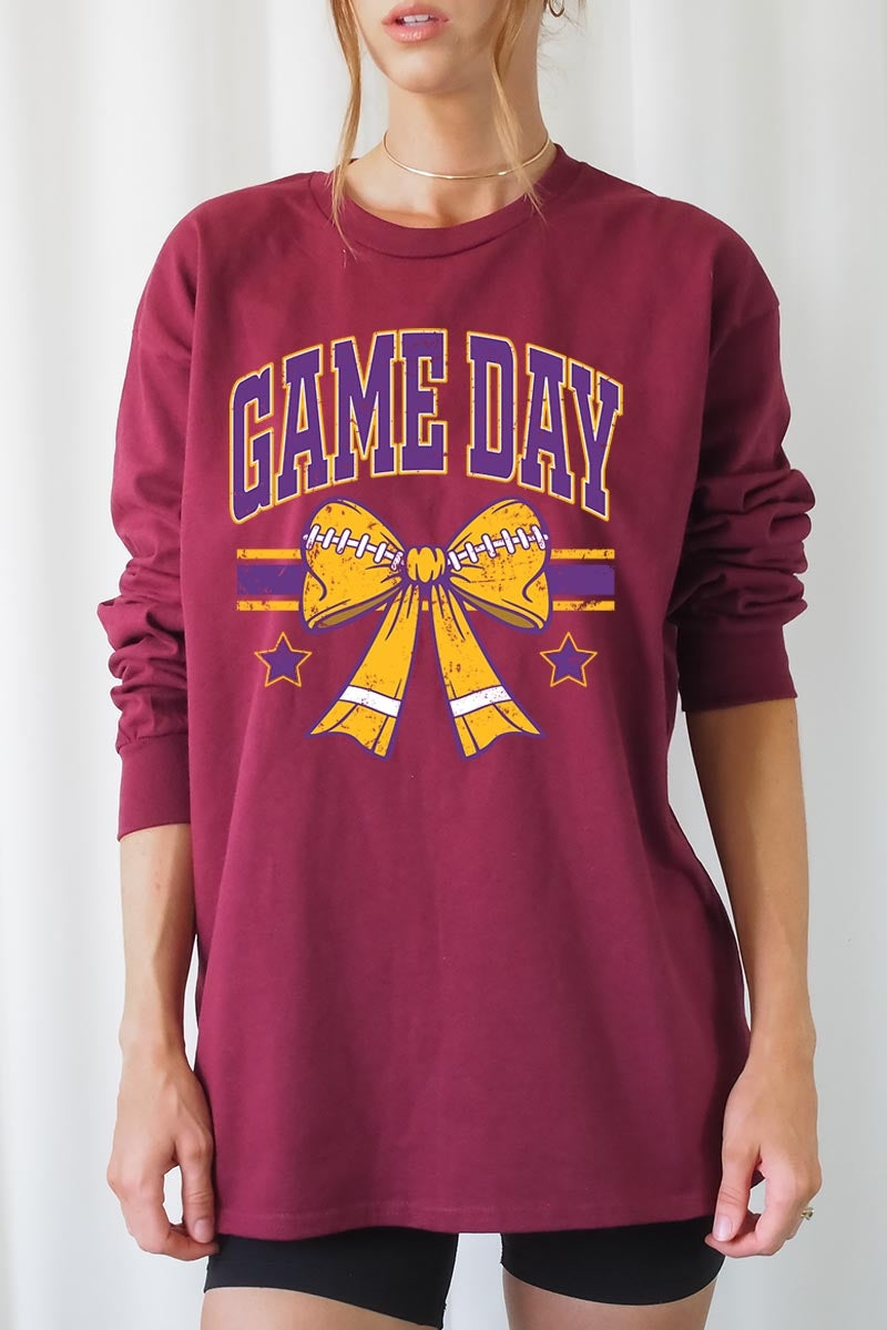 UL240-E3063 Purple Game Day Football Bow Long Sleeve Tee $13.75