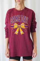 UL240P-E3063 Purple Game Day Football Bow Plus Long Sleeve Tee $17