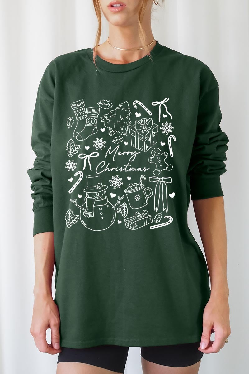 UL240P-E3181 Christmas Doodle Graphic Plus Long Sleeve Tee $17