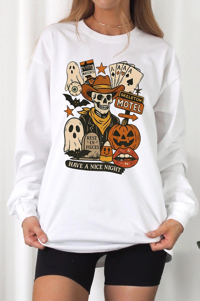 UL240-E3107 Spooky Western Skeleton Graphic Long Sleeve Tee $13.75