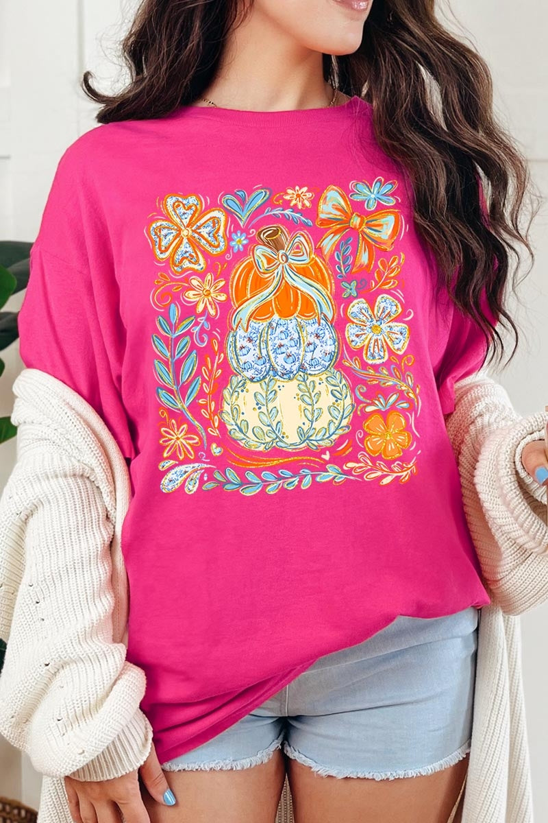 5000P-E3153 Floral Pumpkin Stack Graphic Plus Heavy Cotton Tee $12.75