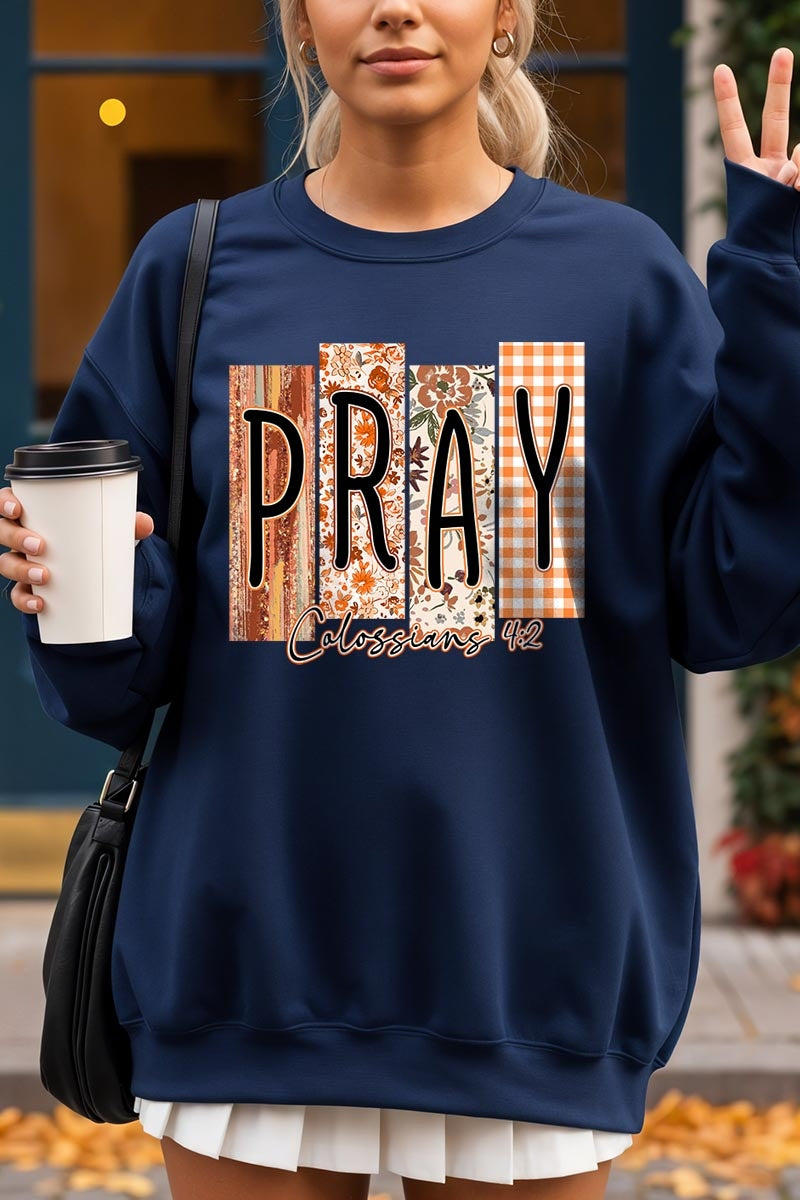 UL180P-E3166 Pray Fall Christian Graphic Plus Sweatshirt $25