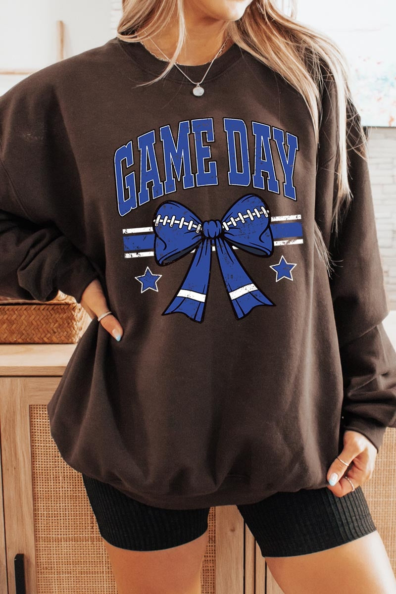 UL180-E3065 Blue Game Day Football Bow Graphic Sweatshirt $20