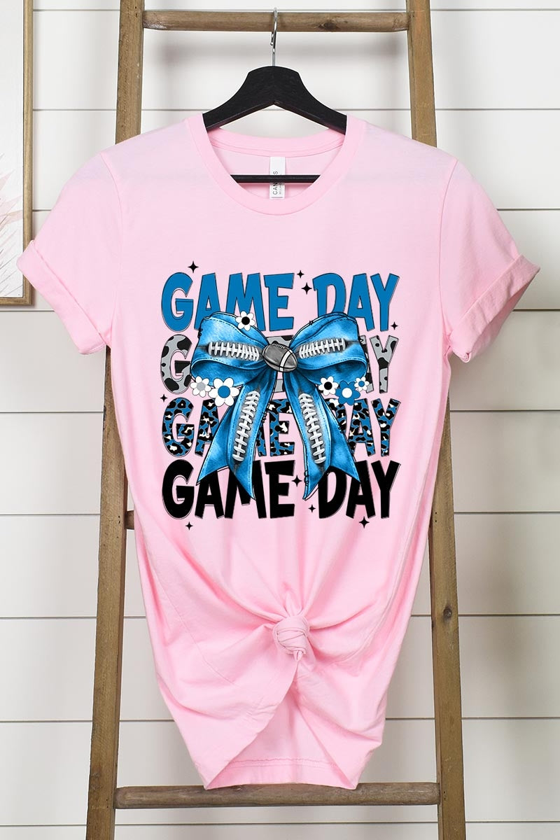 US3001-E3089 Blue Silver Football Game Day Bow Graphic Tee $12.5