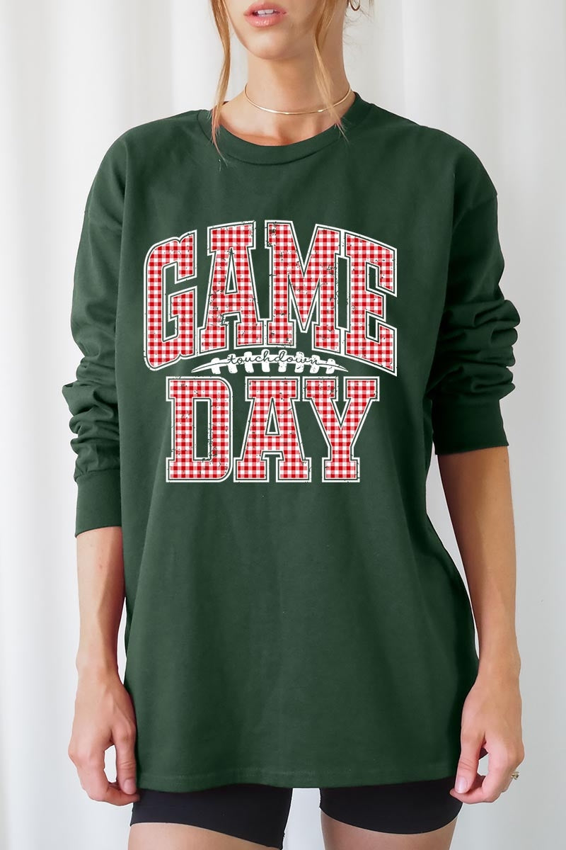 UL240-E3126 Red Gingham Game Day Graphic Long Sleeve Tee $13.75