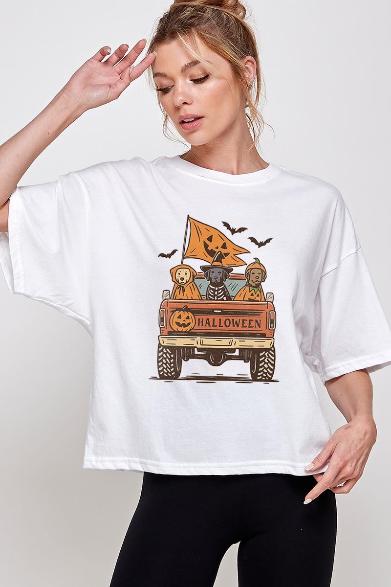 CTS-E3150 Halloween Truck Dogs Graphic Relaxed Crop Top $11