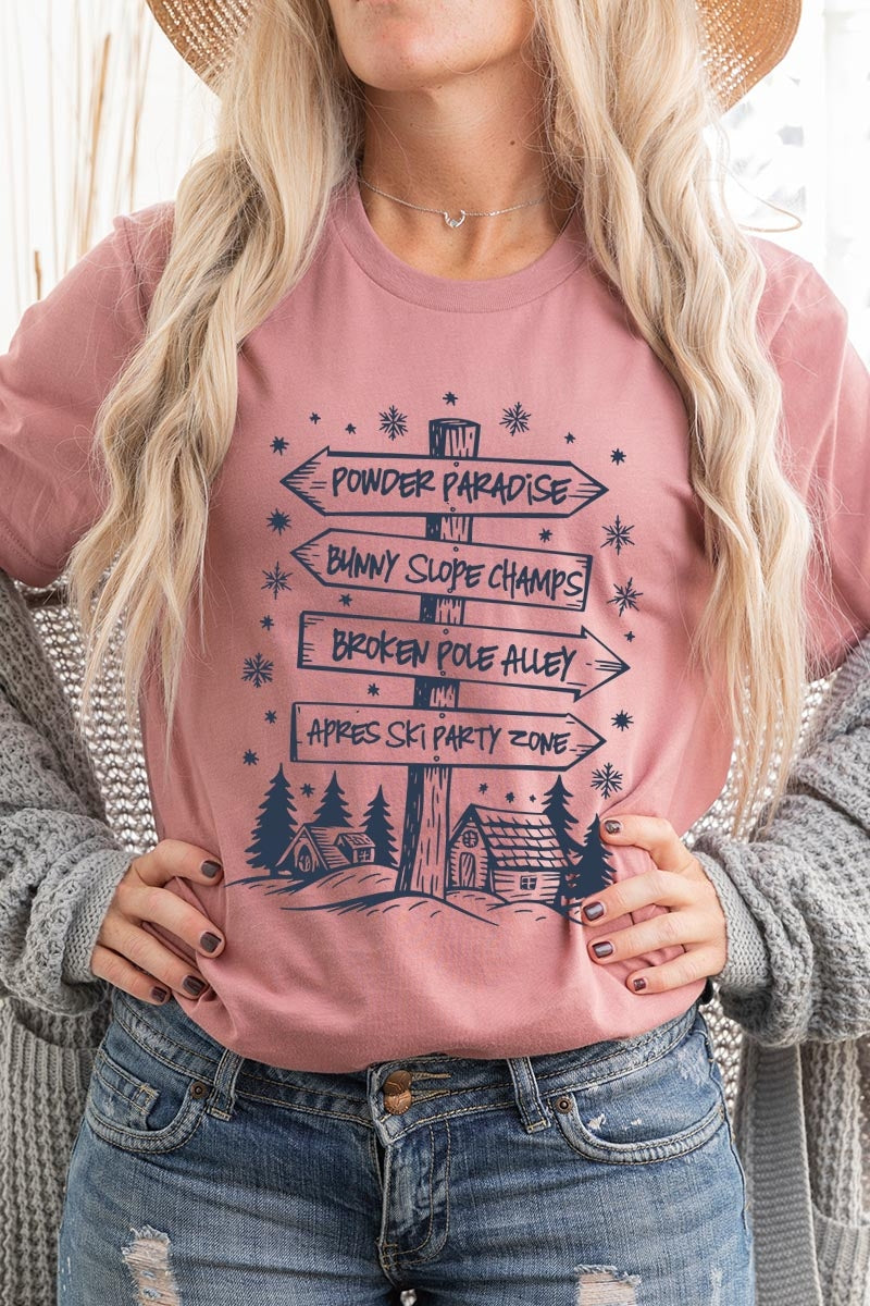 US3001P-E3189 Ski Lodge Signs Graphic Plus Tee $16