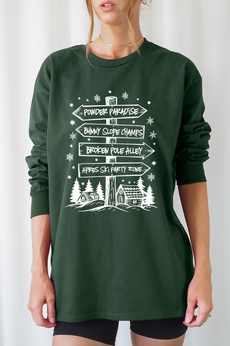UL240P-E3189 Ski Lodge Signs Graphic Plus Long Sleeve Tee $17