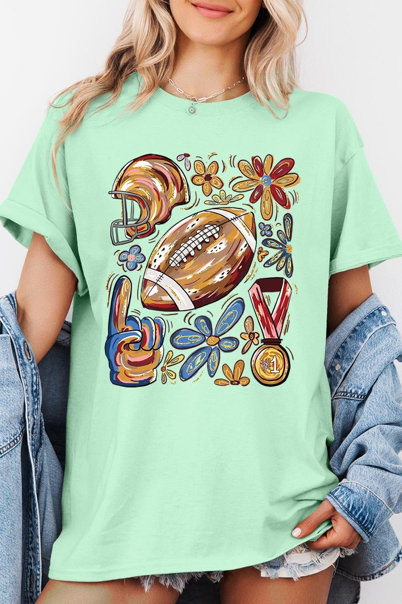 5000P-E3072 Retro Floral Football Graphic Plus Heavy Cotton Tee $12.75